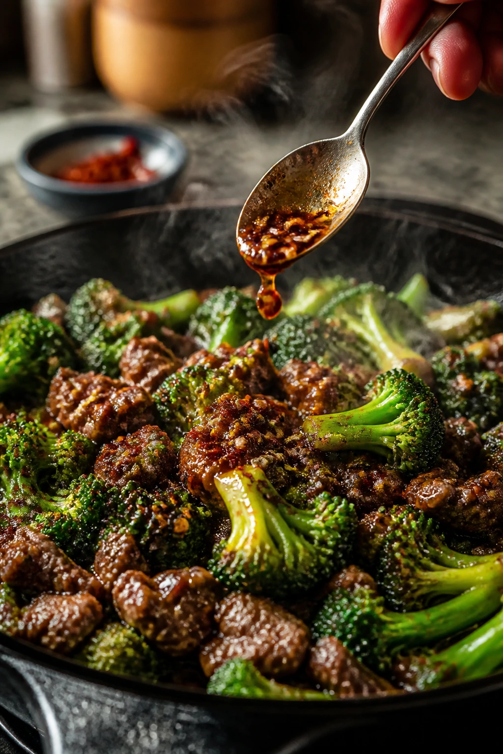 Beef and broccoli skillet with chili crisp finishing