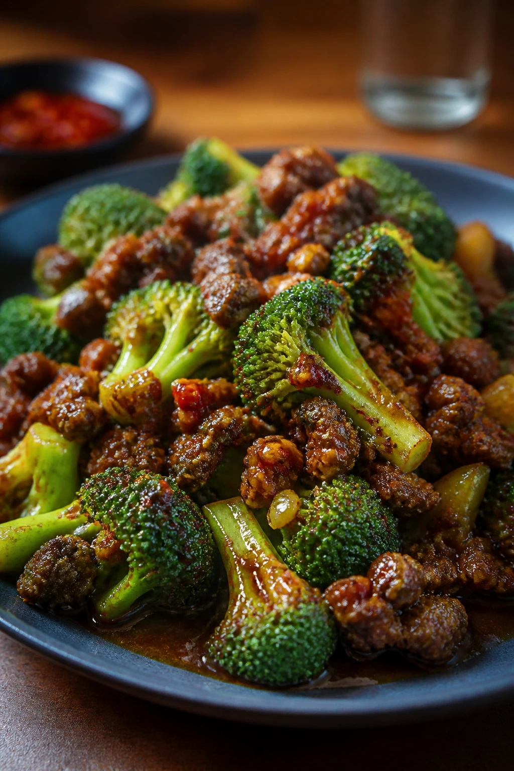 Beef and broccoli with glossy sauce and chili crisp topping on a dark plate