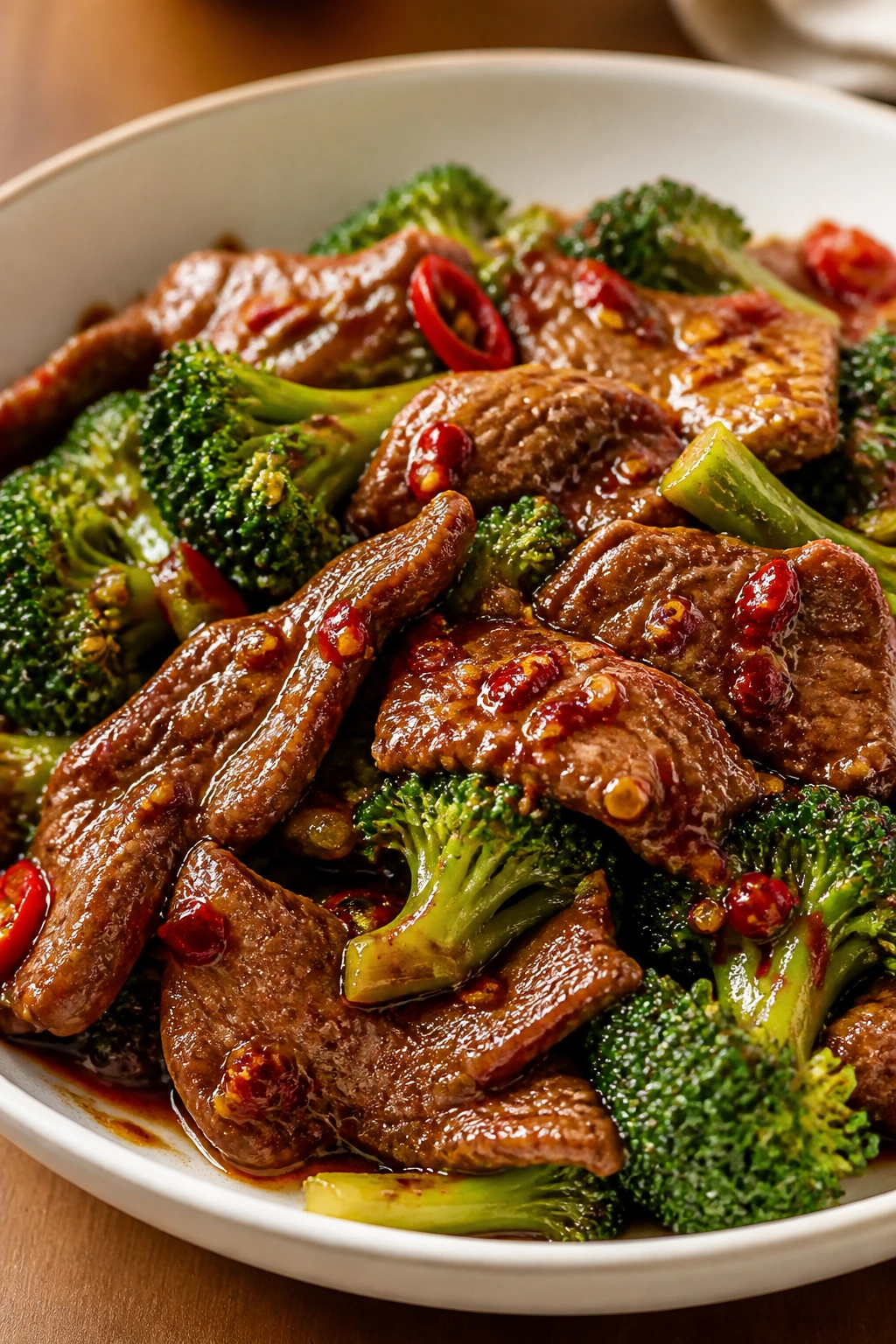 Glossy beef and broccoli bowl topped with chili crisp for varied tastes
