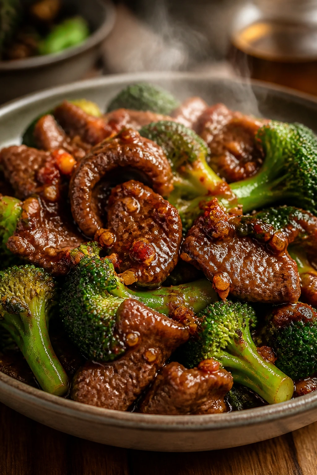 Beef and broccoli with chili crisp topping