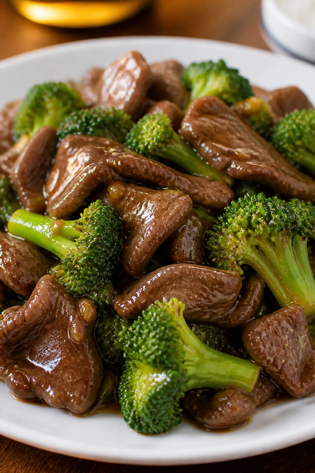 Glassy beef with broccoli on a plate in a warm kitchen