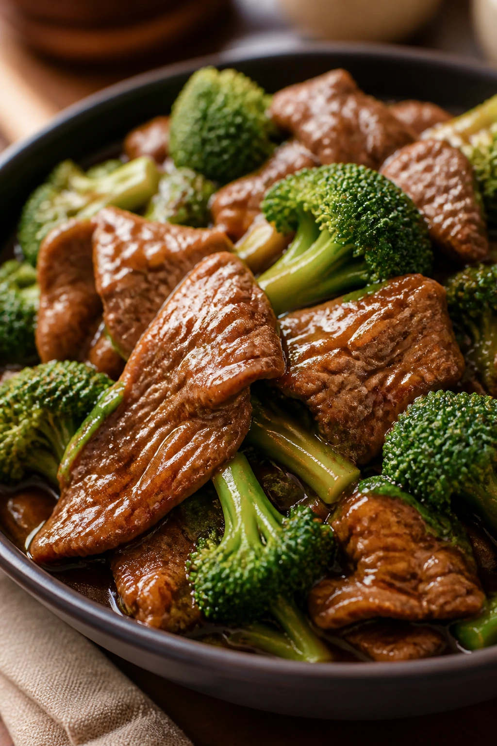 Beef and broccoli in savory glaze with broccoli florets