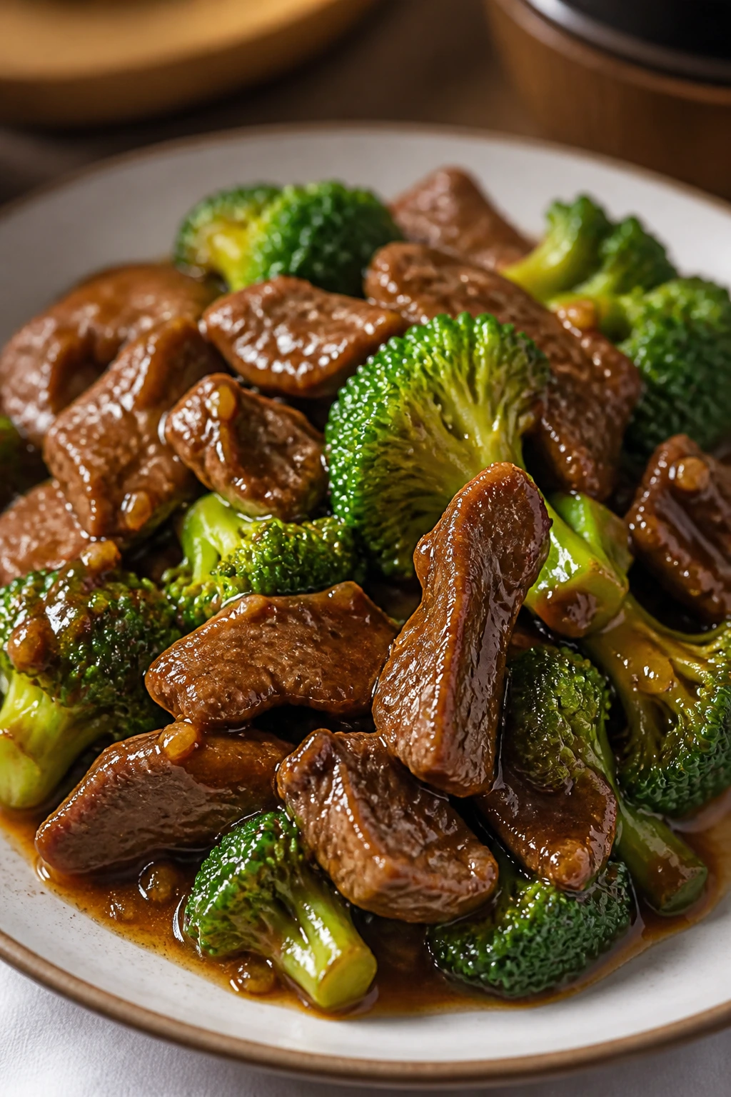 Beef and broccoli in garlic soy gravy, close-up on plate.