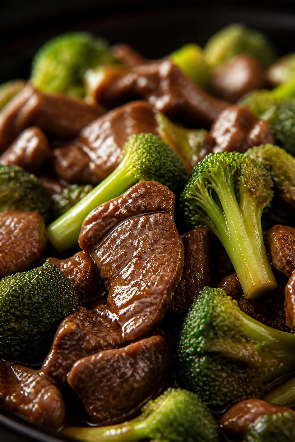 Beef and broccoli in lacquered sauce close-up