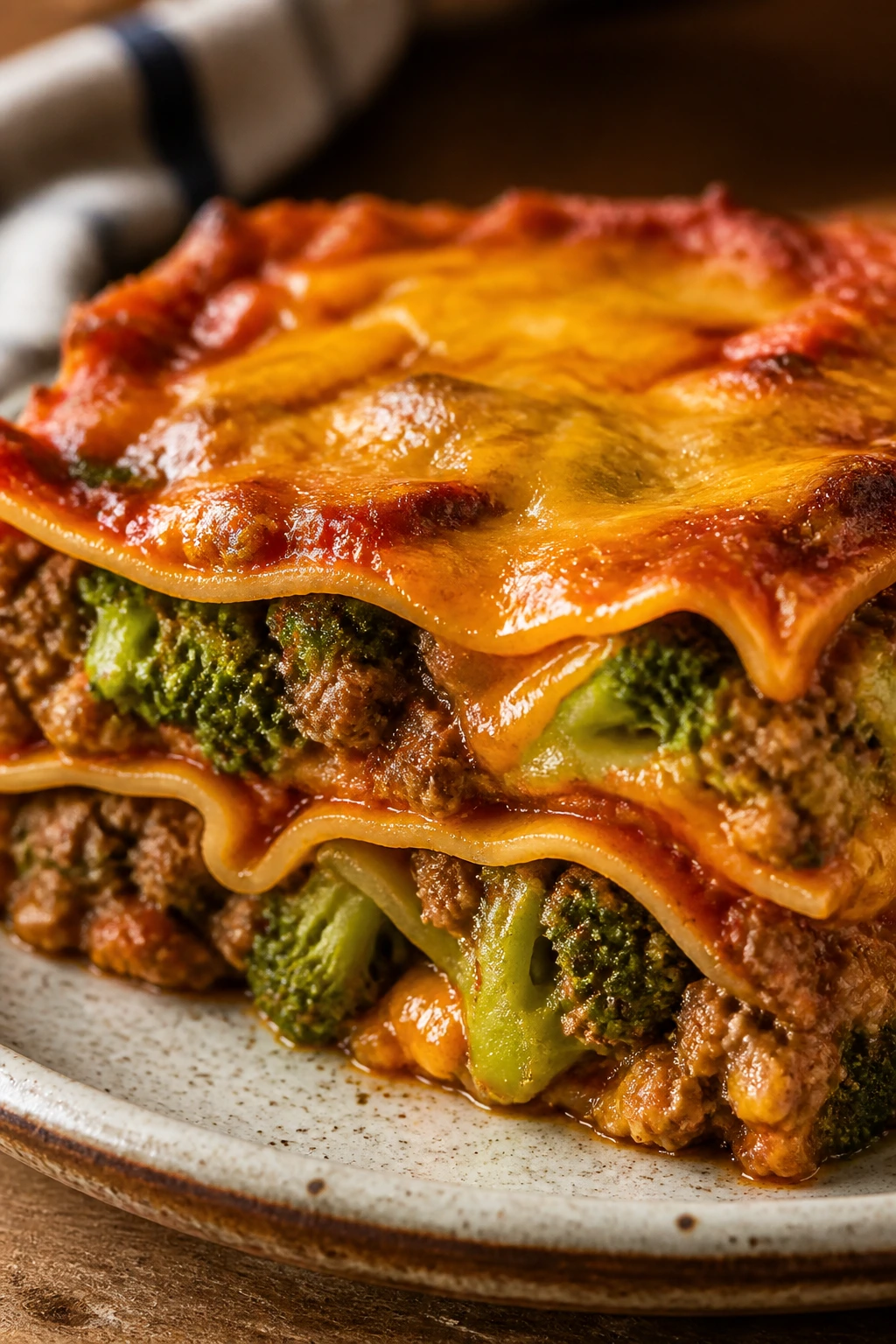 Plated slice of beef and broccoli enchilada casserole