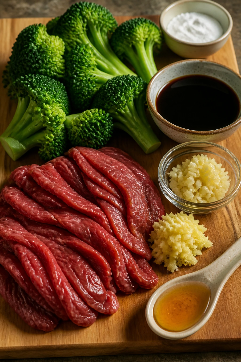Cutting board with beef, broccoli, garlic, ginger and honey ready to cook