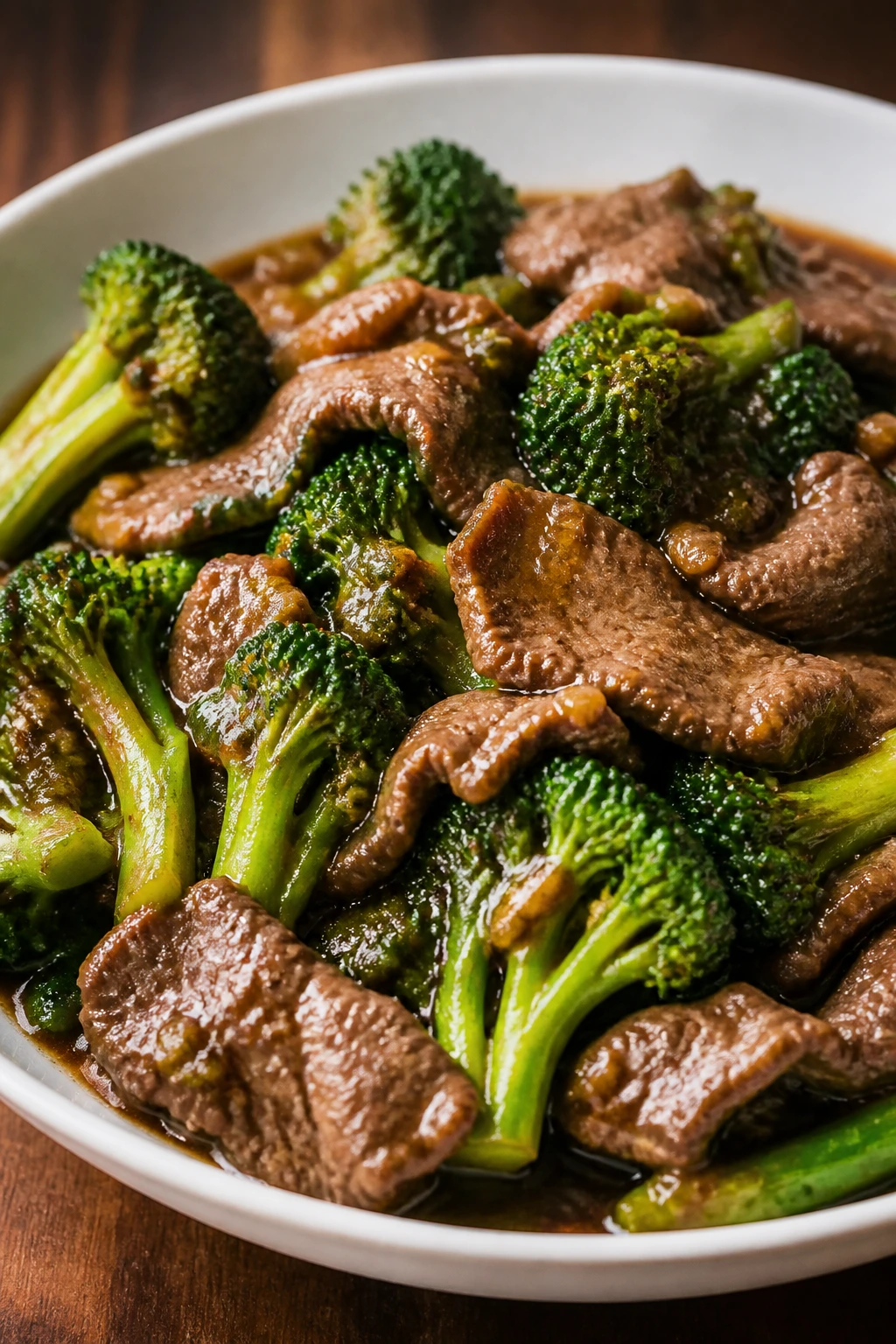 Beef and broccoli with ginger in glossy sauce on a white bowl
