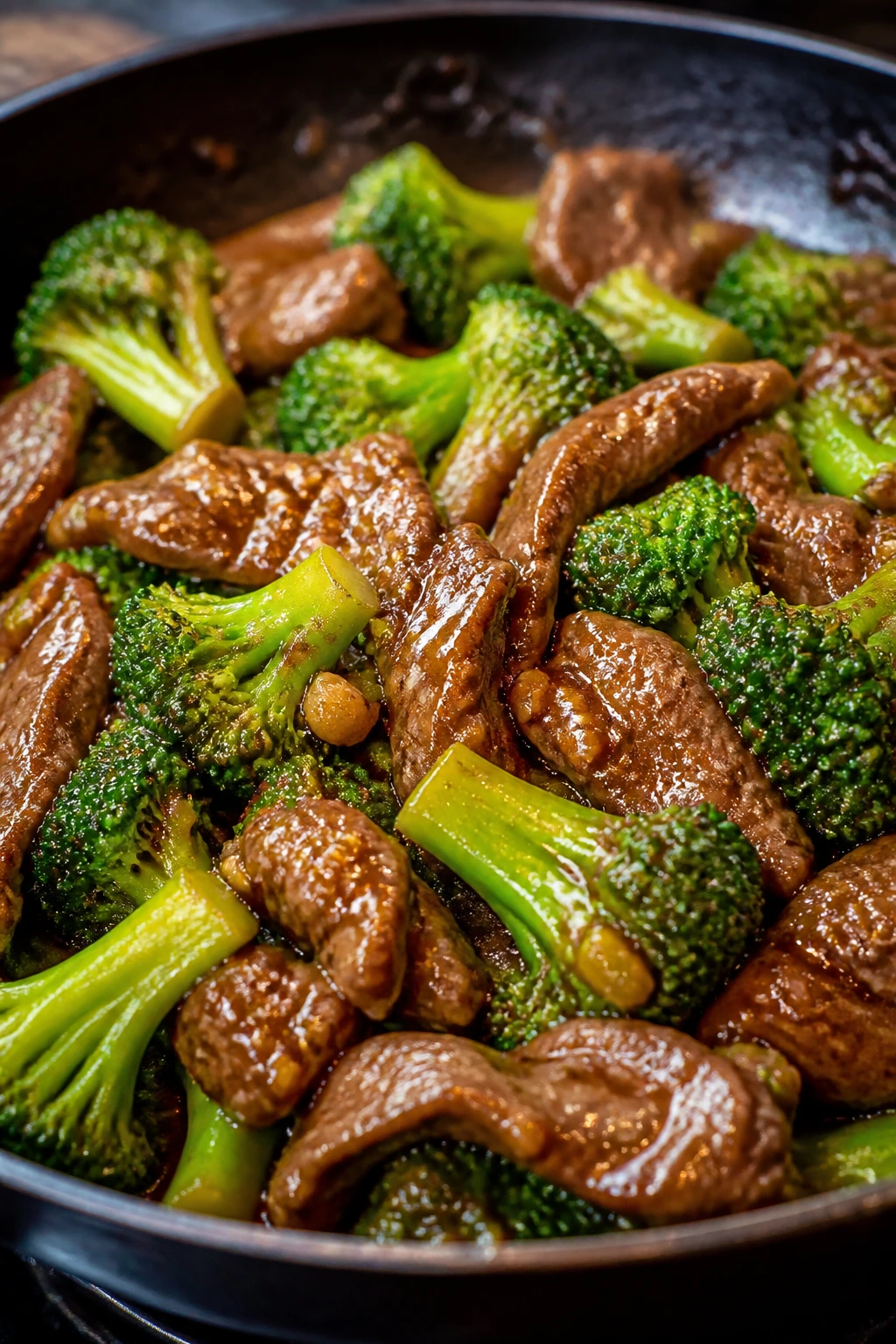 Beef strips and broccoli sizzling in a glossy sauce