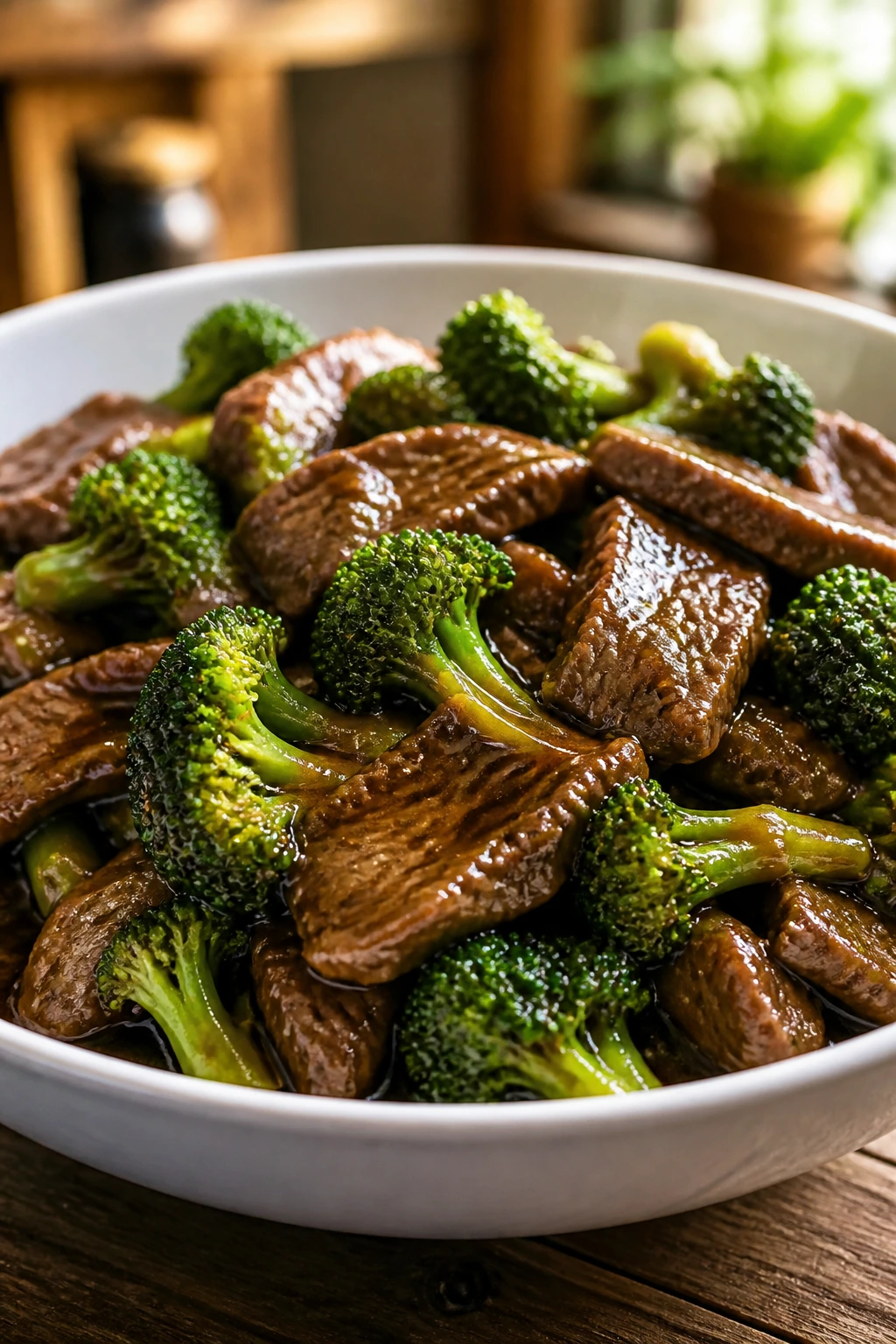 Beef and broccoli in glossy sauce served in a white bowl on wood