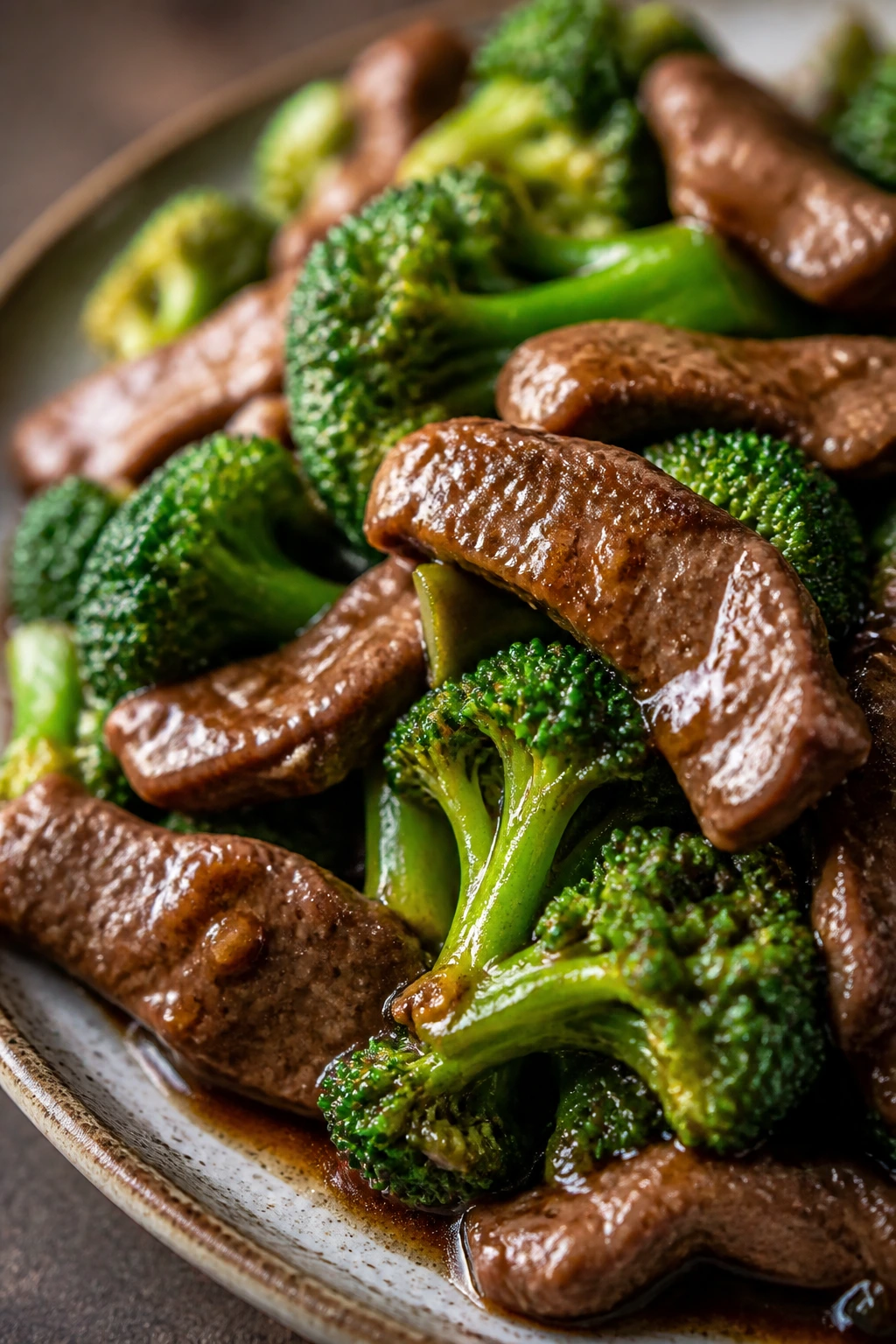 Close-up of beef and broccoli with glossy sauce on a plate
