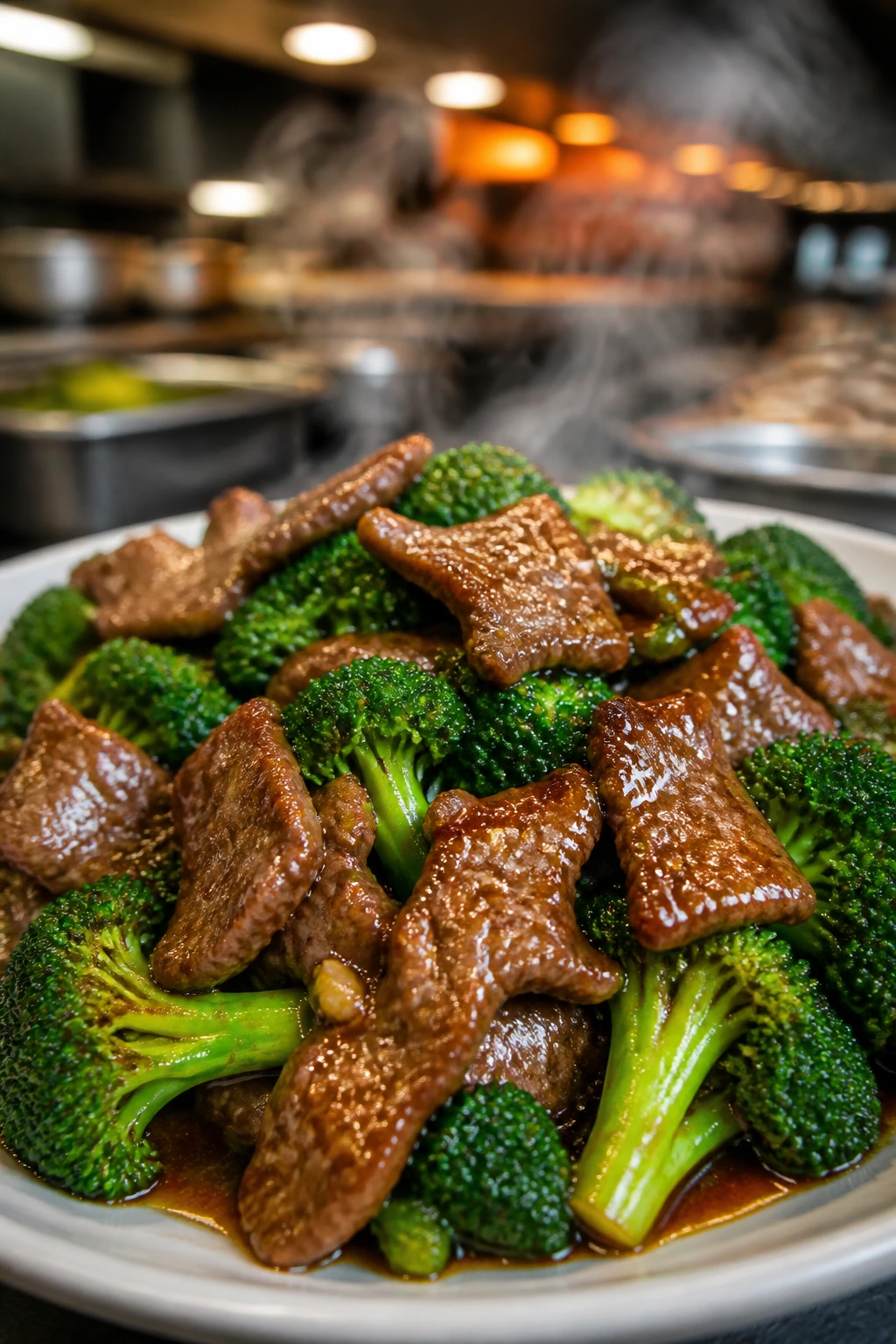 Beef and broccoli with glossy sauce and steam in a bowl