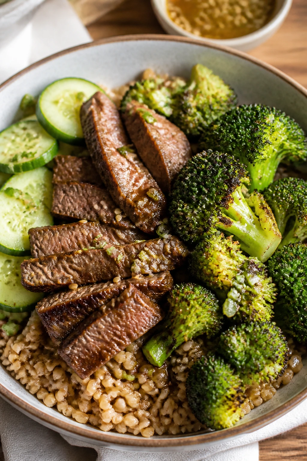 Close-up of Beef and Broccoli Grain Bowls with beef, broccoli, farro, and cucumber