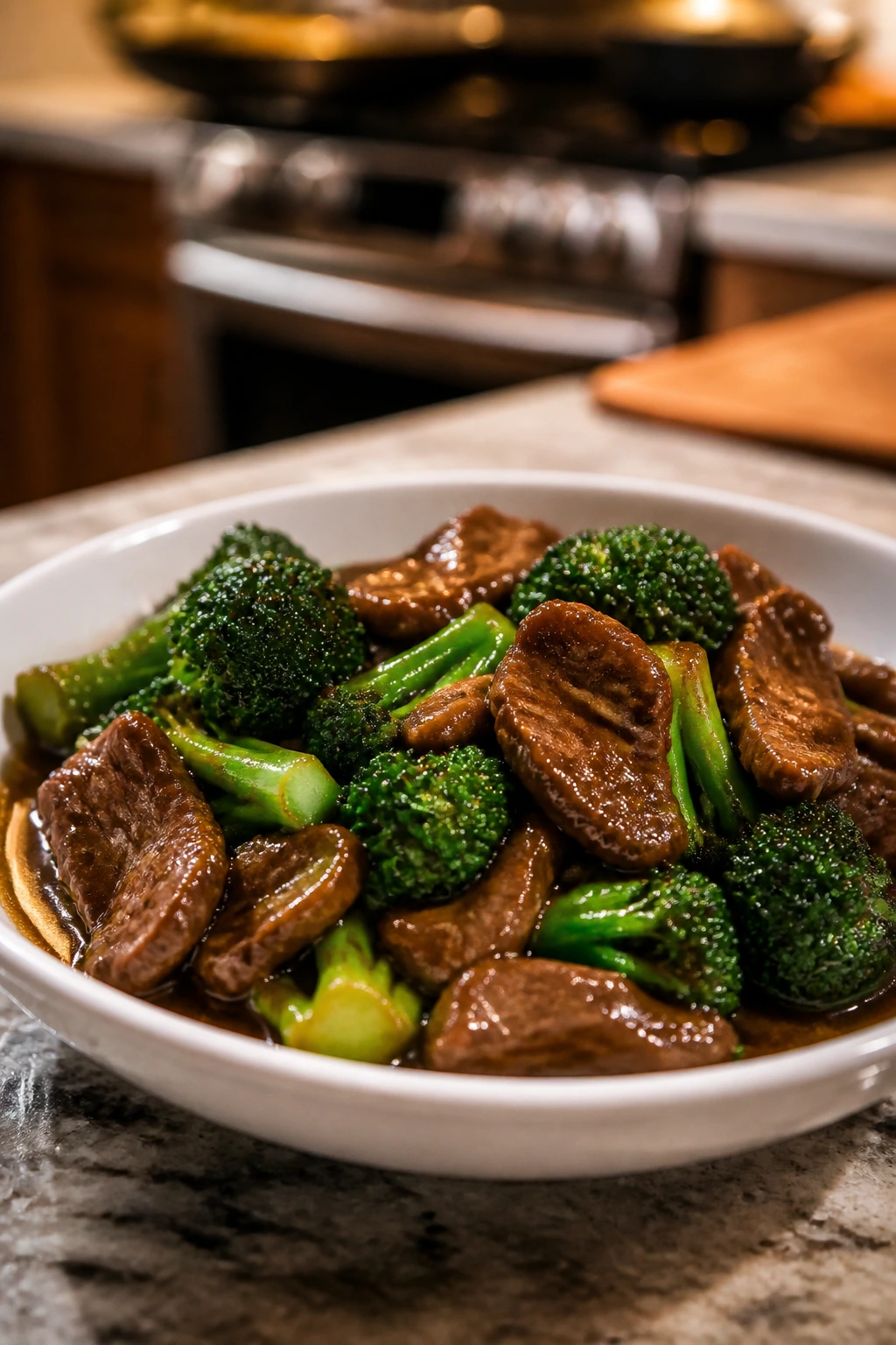 Beef broccoli plated at home in a bowl with glossy sauce