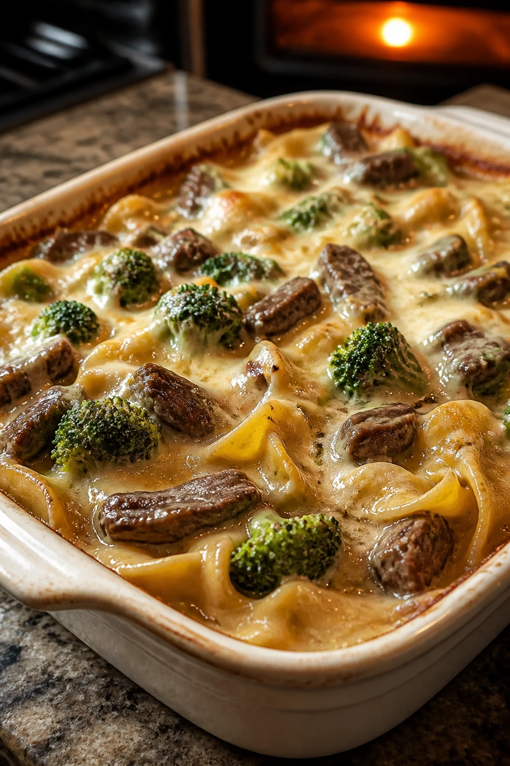 Creamy beef and broccoli noodle casserole in baking dish, ready to serve