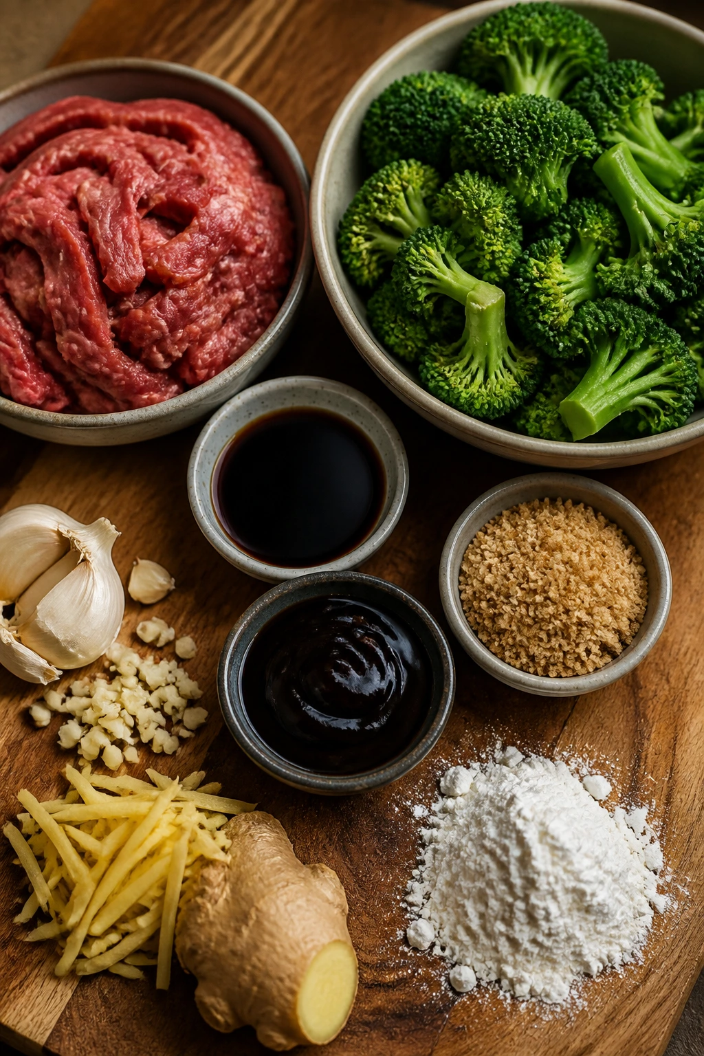 Beef, broccoli, and sauce ingredients arranged for sticky beef broccoli stir fry