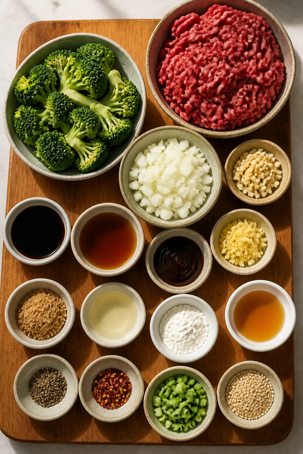 Top-down view of beef and broccoli ingredients arranged on a board