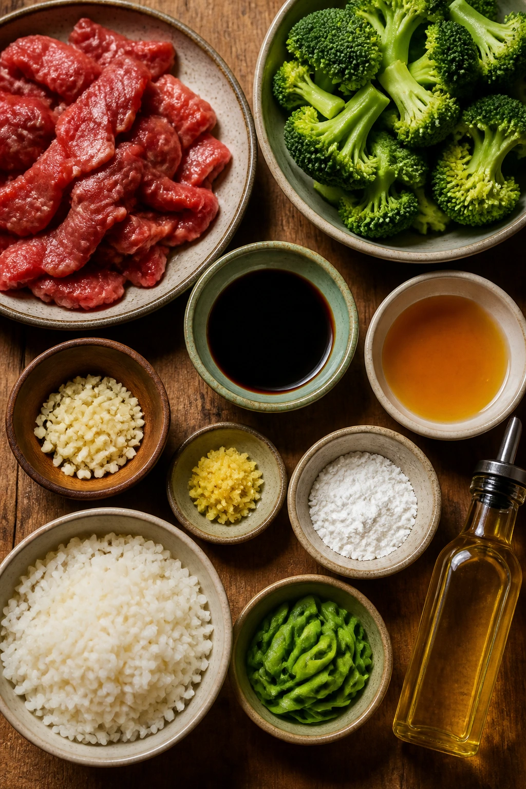 Flat lay of key ingredients for dairy-free beef and broccoli: beef, broccoli, garlic, ginger, soy, honey, cornstarch, rice, oil, green onions.