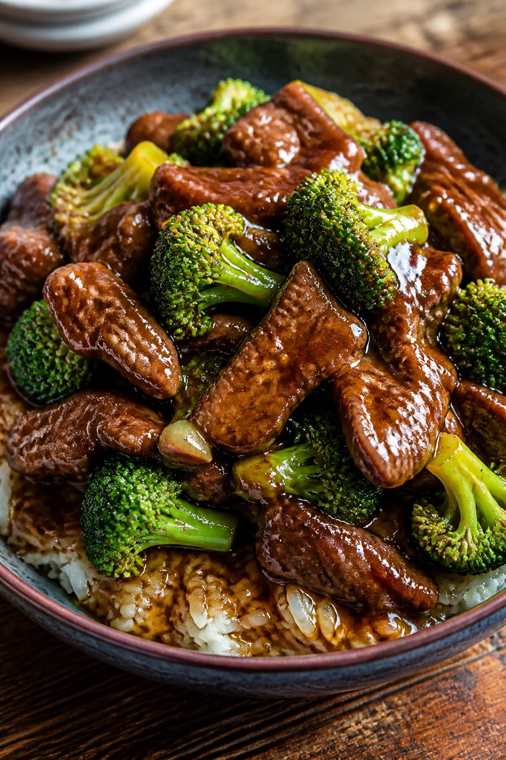 Bowl of beef and broccoli over jasmine rice with glossy sauce