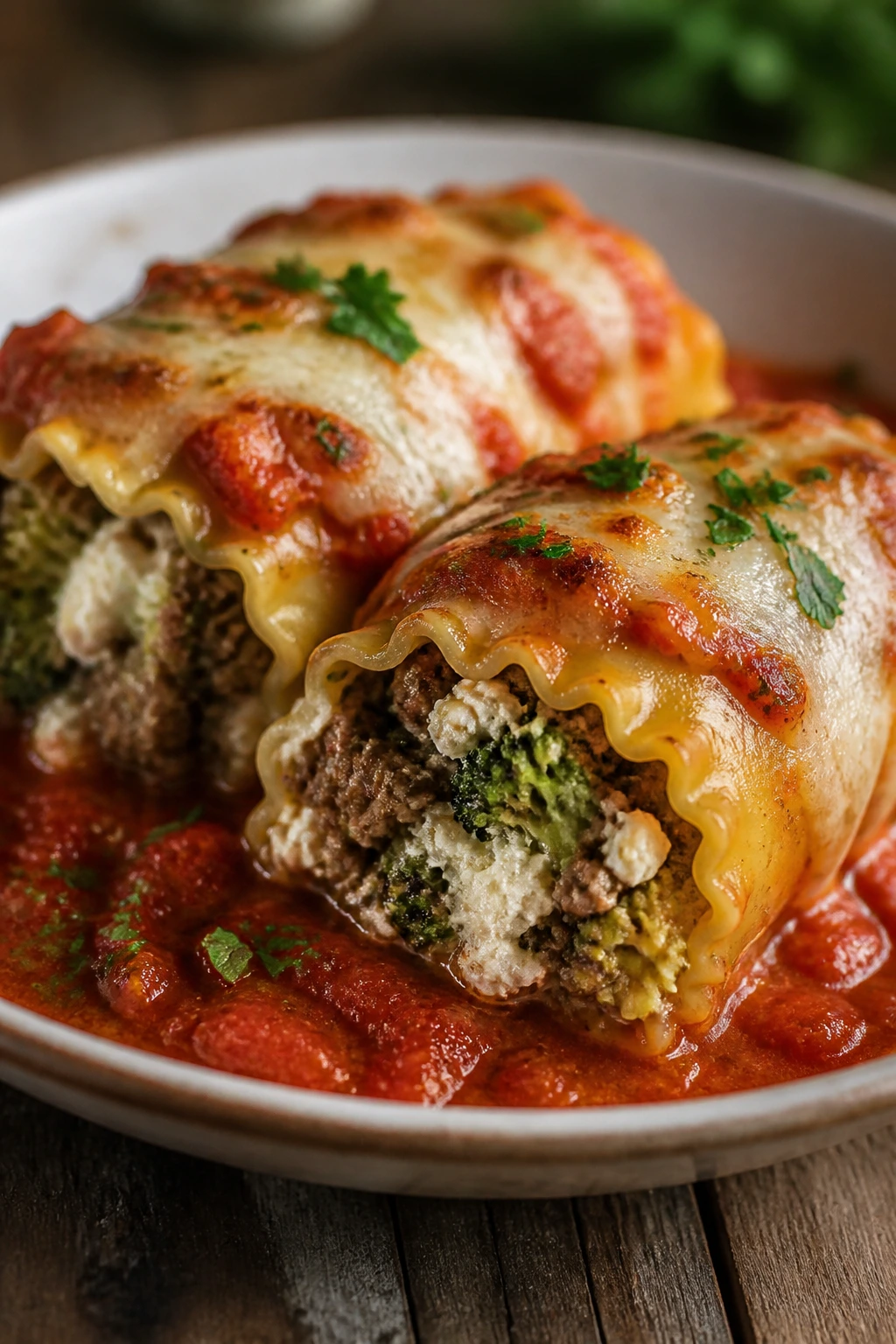 Close-up of broccoli and beef lasagna roll-ups on a plate