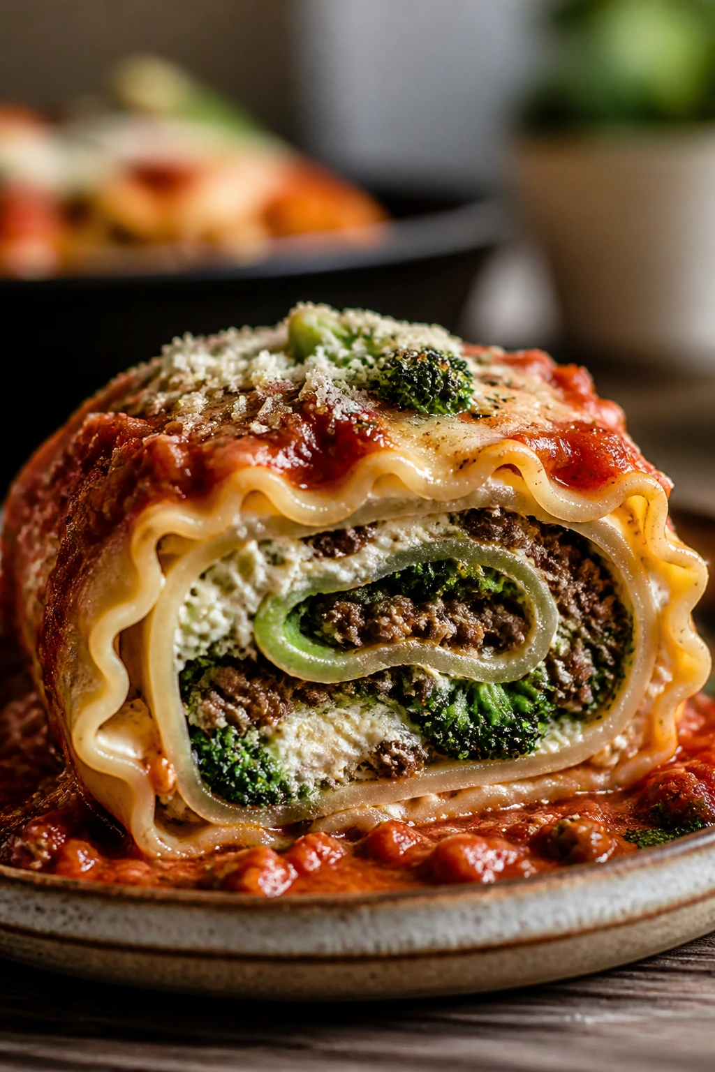 Lasagna roll-up half showing beef, broccoli and ricotta filling