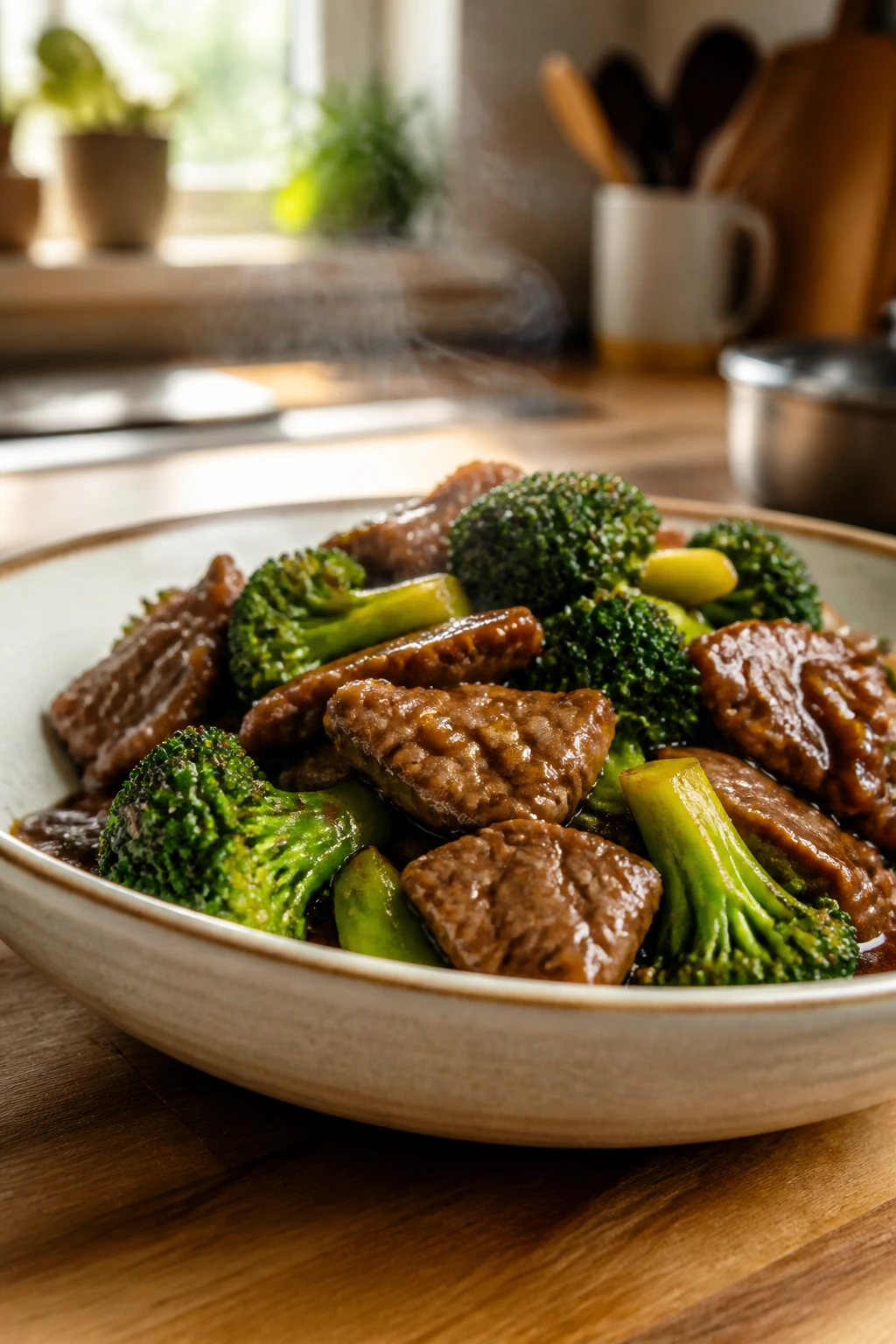 Leftover beef broccoli plated with glossy sauce in kitchen setting