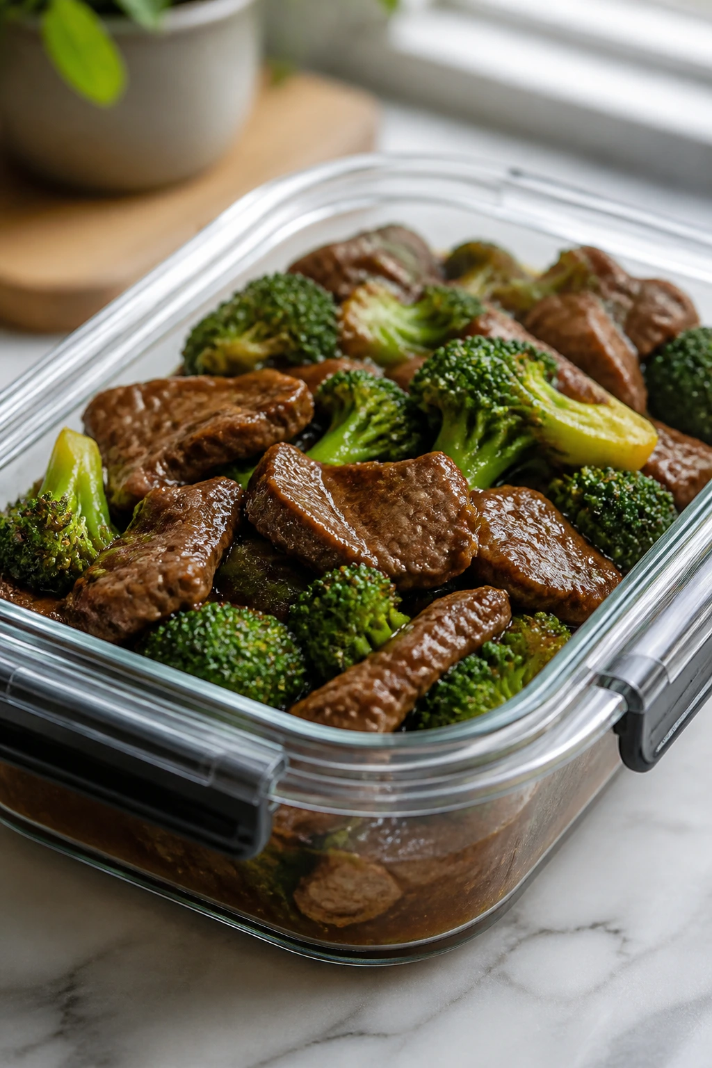 Beef and broccoli leftovers in a clear container