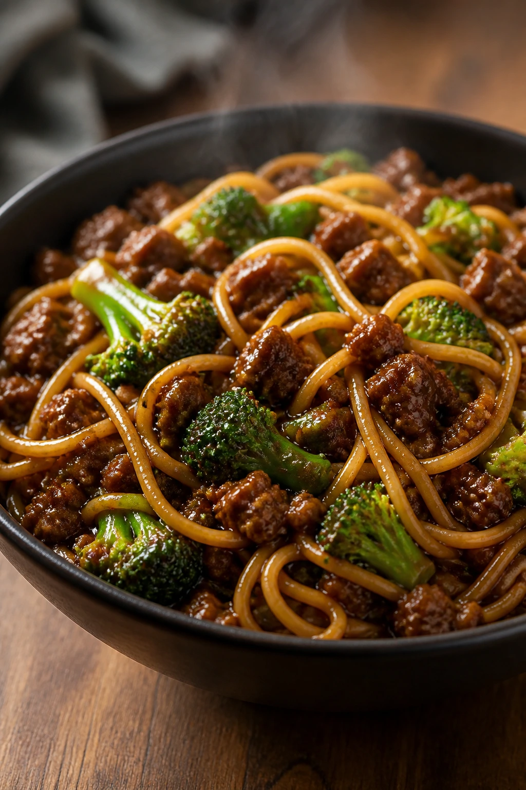 Beef and broccoli lo mein with hamburger