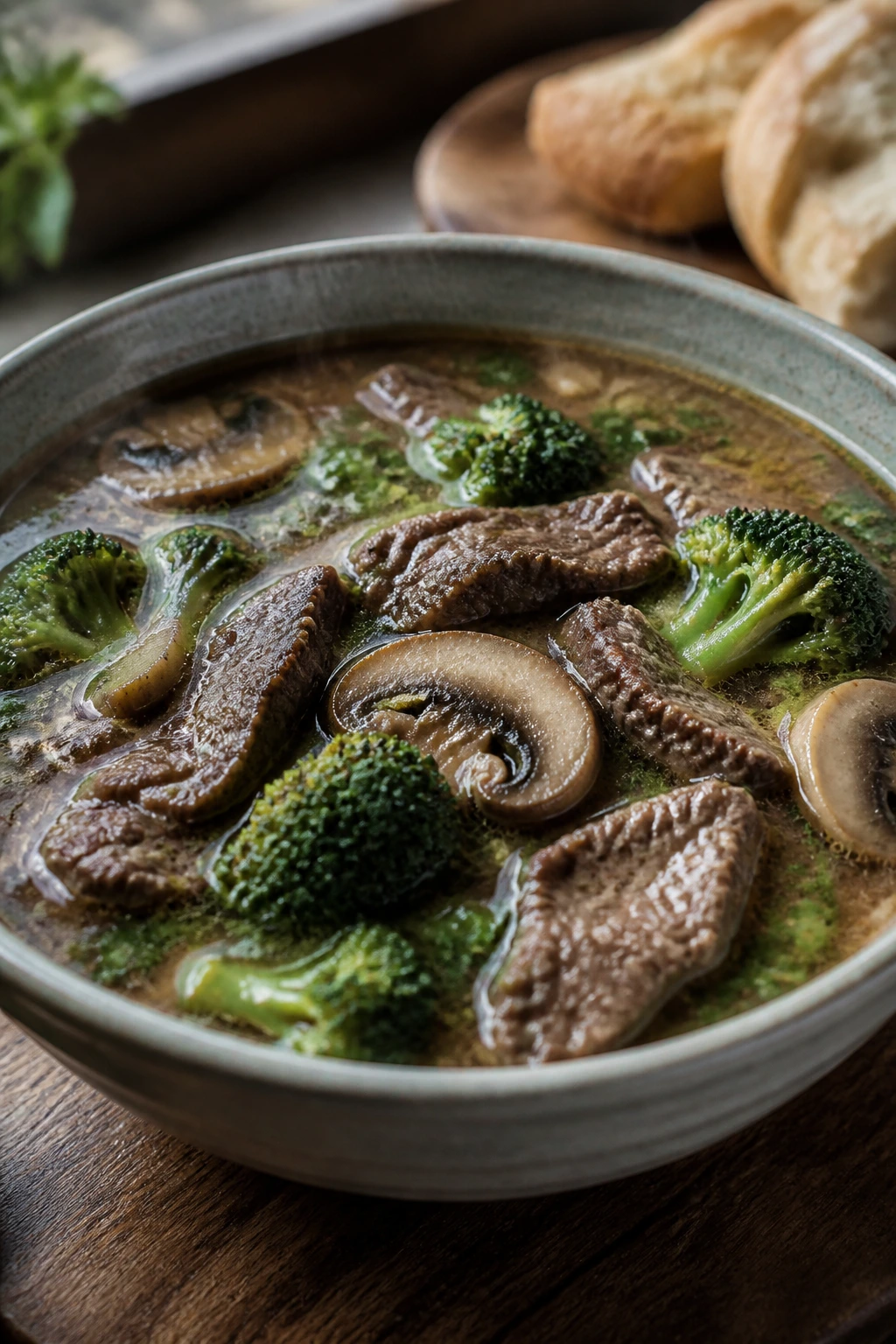 Beef and broccoli mushroom soup in a bowl with mushrooms and broccoli
