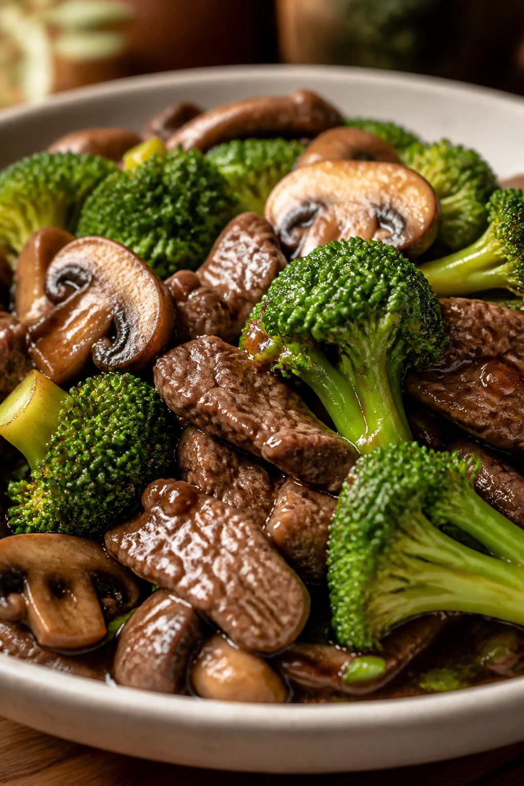 Beef and broccoli plate with mushrooms and glossy sauce