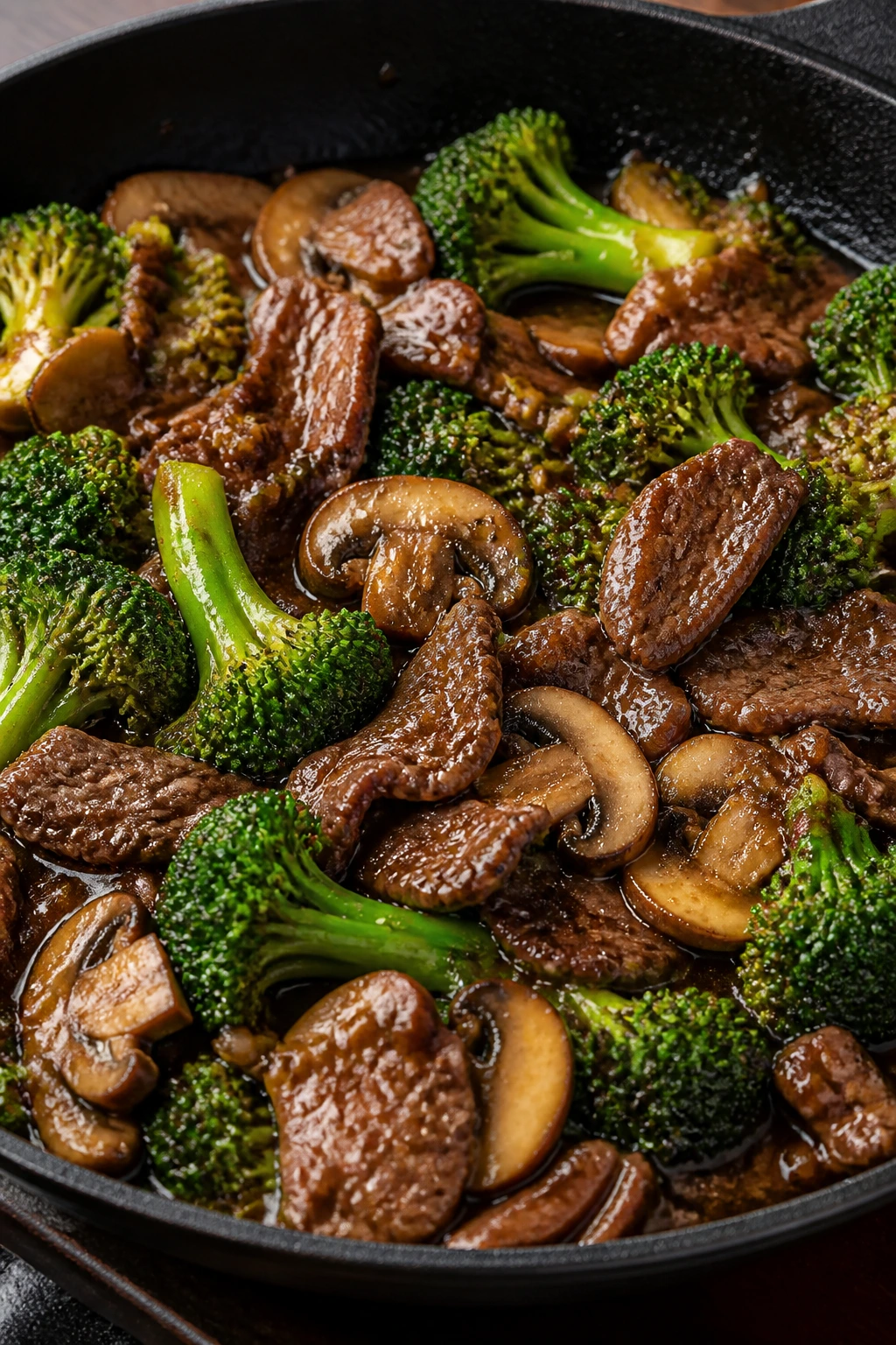 Skillet with beef, broccoli, and mushrooms in glossy sauce