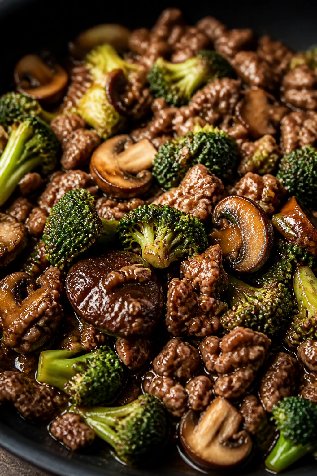 Beef, broccoli, and mushrooms in glossy sauce
