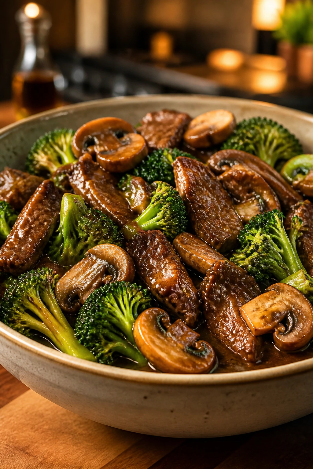 Beef and broccoli bowl with mushrooms and glossy sauce