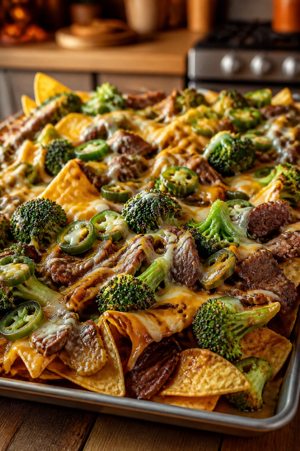 Sheet pan nachos topped with beef, broccoli, and cheese