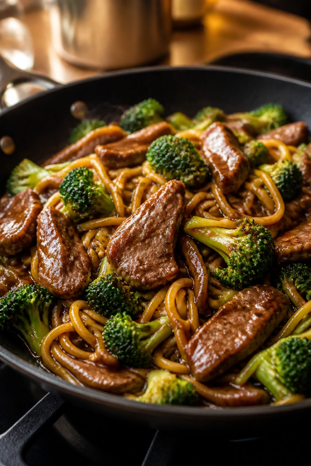 Beef and broccoli noodles in a skillet with glossy sauce and crisp broccoli.
