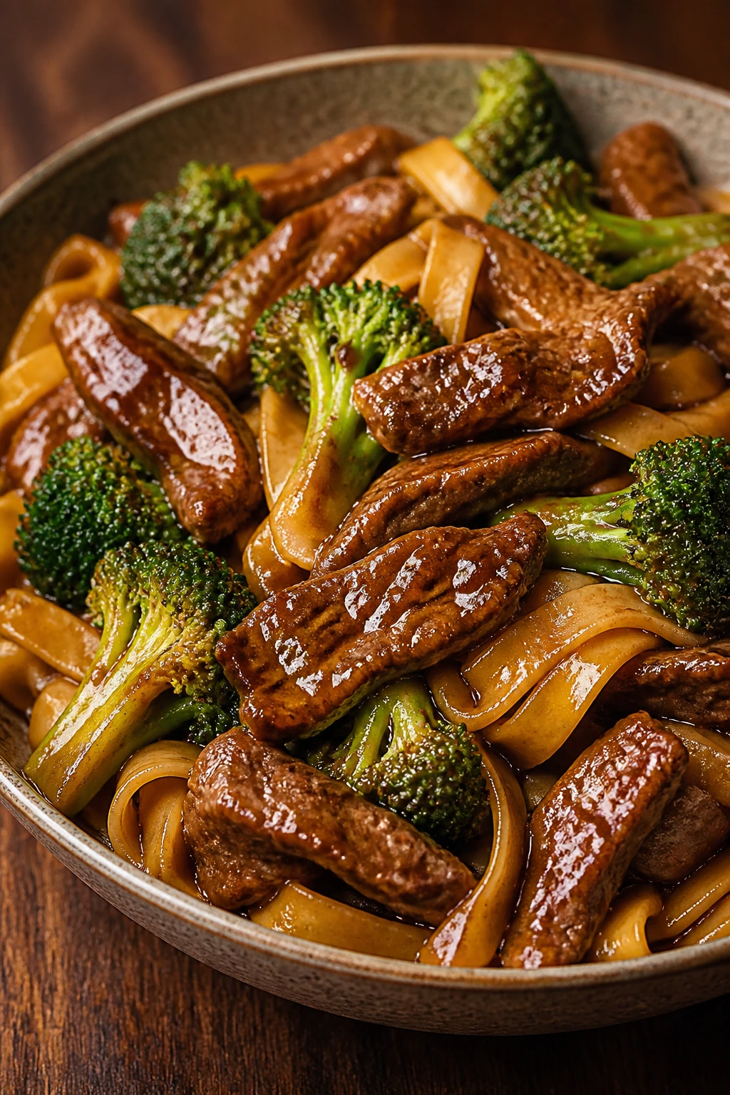 Medium-close image of Mongolian Beef and Broccoli Noodles with glossy sauce and broccoli