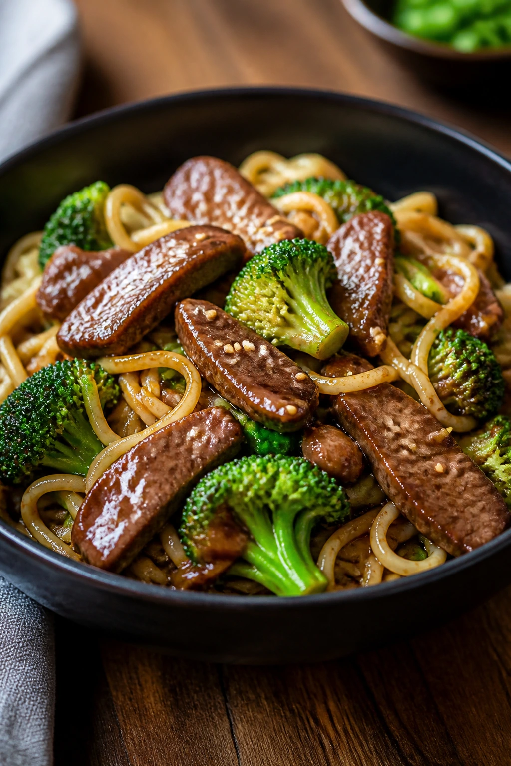 Beef and broccoli noodle bowl with glossy sauce