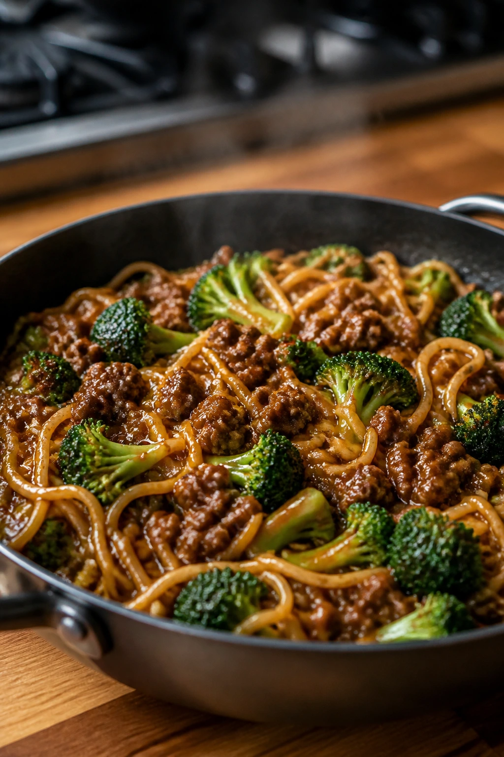 Close-up of Beef and Broccoli Noodle Skillet with glossy sauce, broccoli, and noodles in a warm kitchen