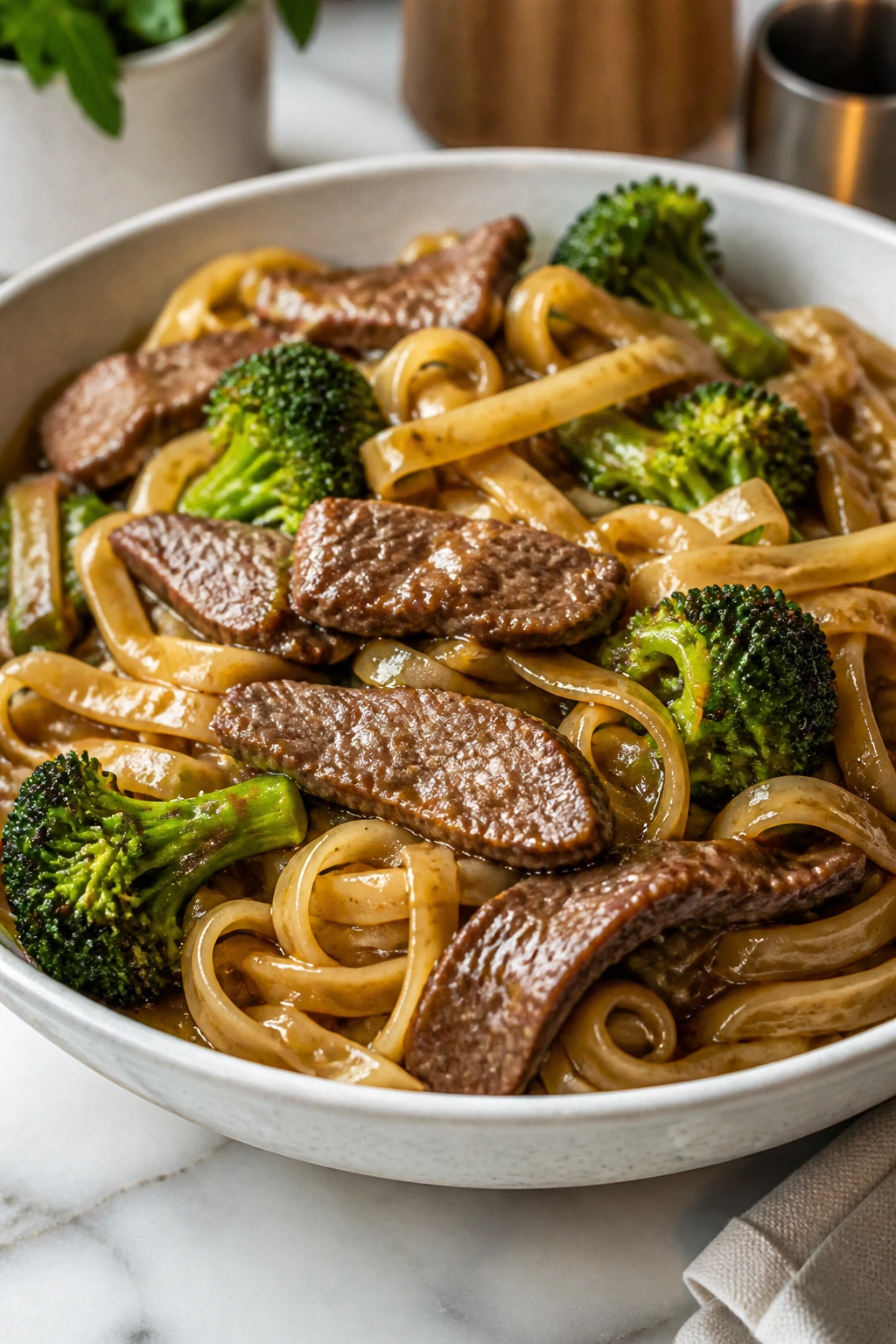 Beef and broccoli noodle bowl with glossy sauce