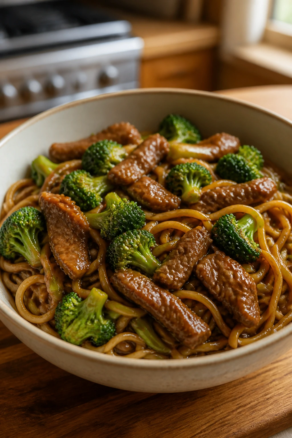 Close-up of beef and broccoli noodles in glossy sauce, weeknight takeout-style dinner.