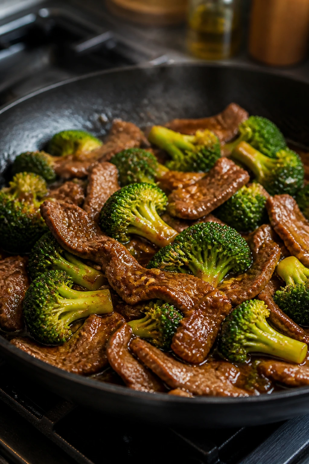 Close-up of beef and broccoli with garlic oyster sauce in a skillet