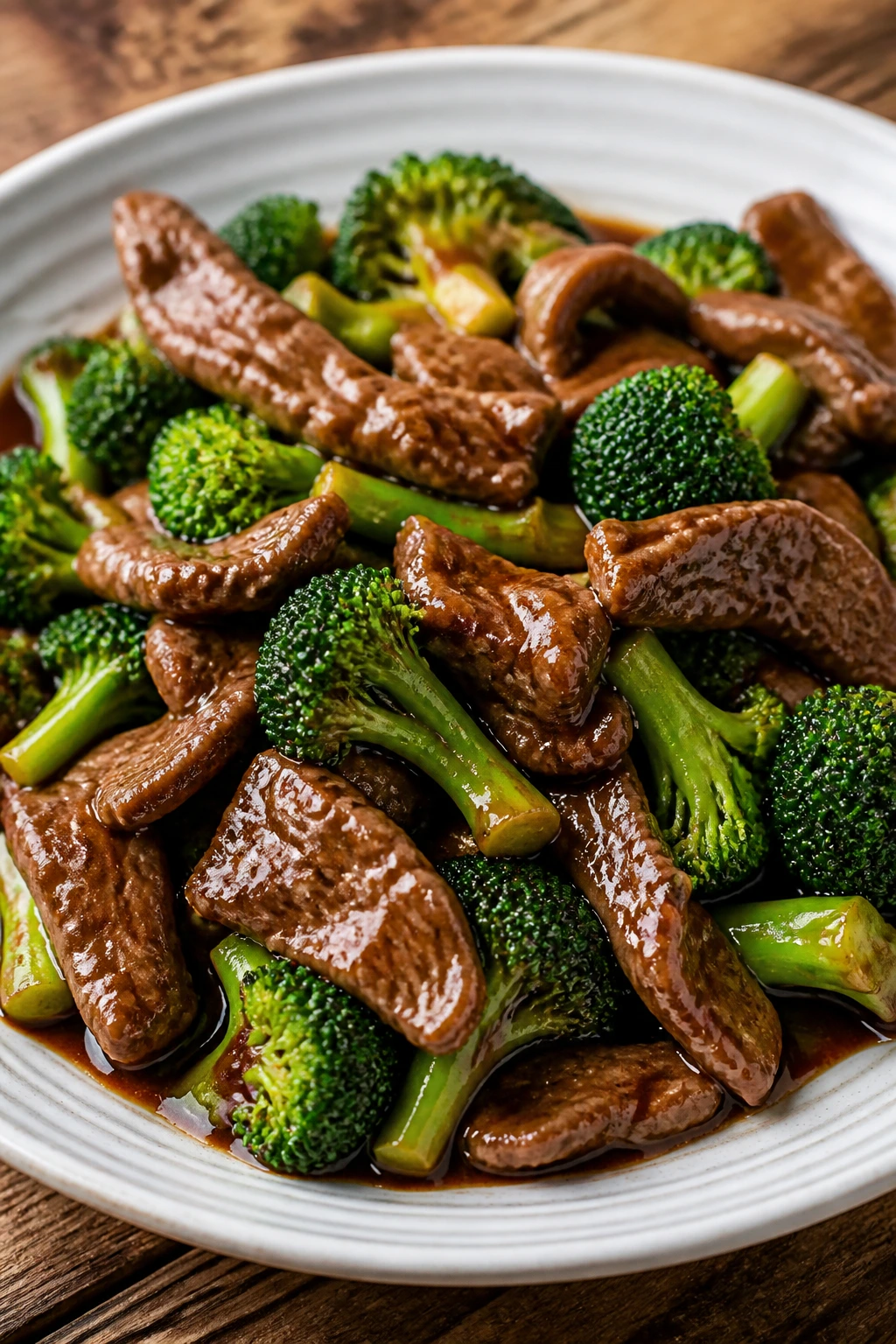 Beef and broccoli in oyster sauce on rustic wooden surface