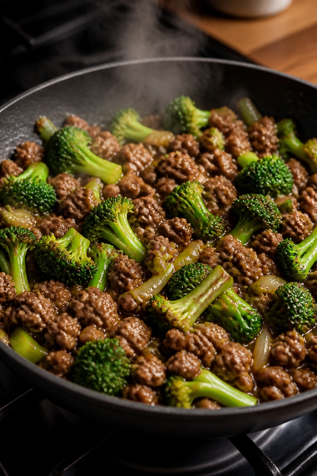 Beef and broccoli cooking in a pan with steam in a home kitchen