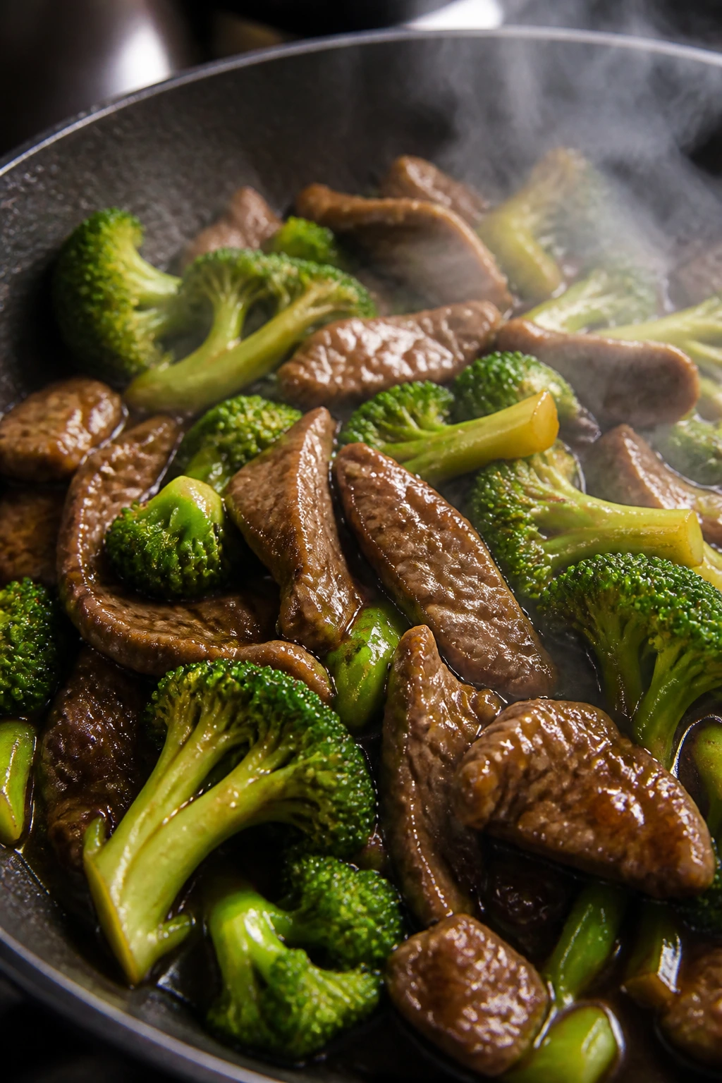Beef browning in a hot pan with broccoli and glaze forming