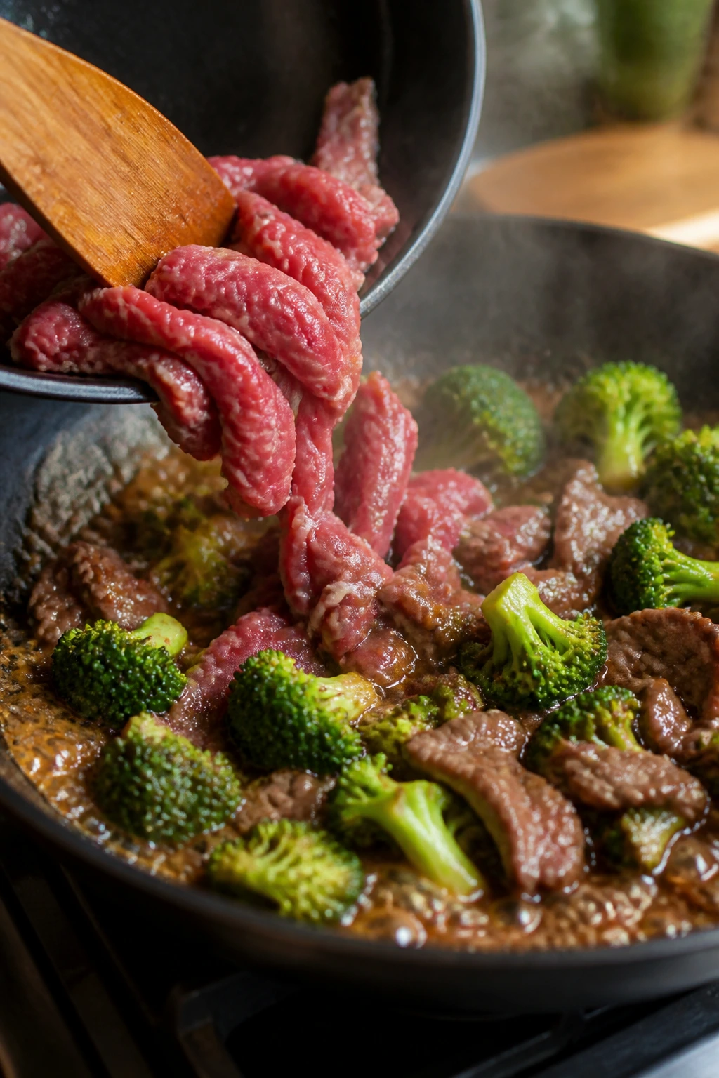 Beef and broccoli cooking step with glossy sauce in pan