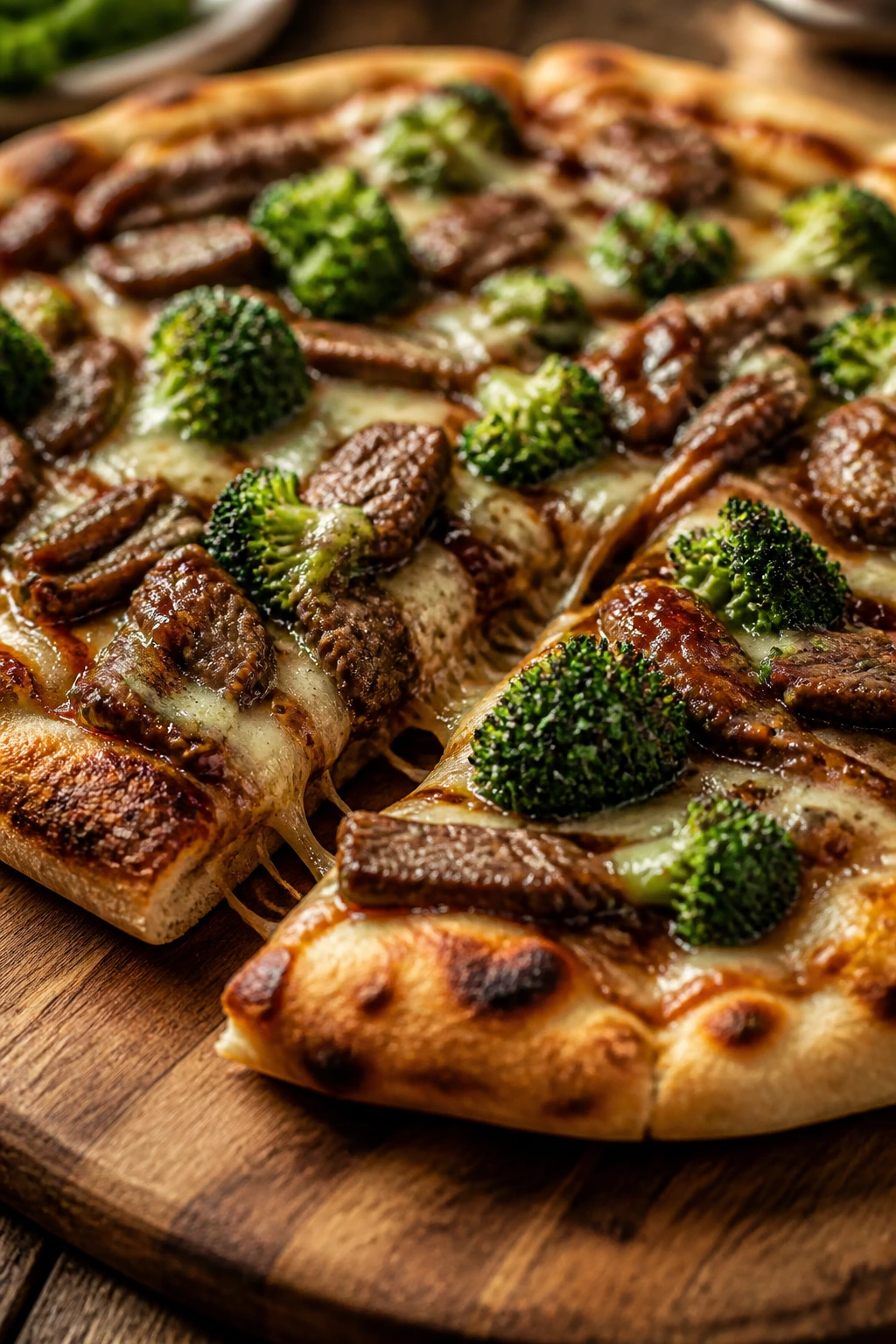 Close-up of beef and broccoli pizza with melted cheese on a rustic board
