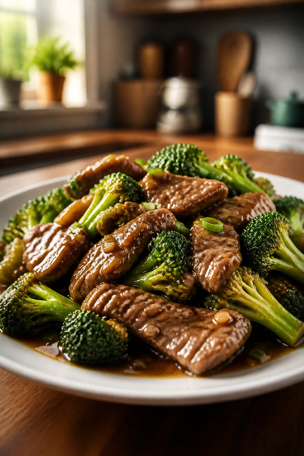 Close-up of beef and broccoli dish with glossy garlic-ginger sauce