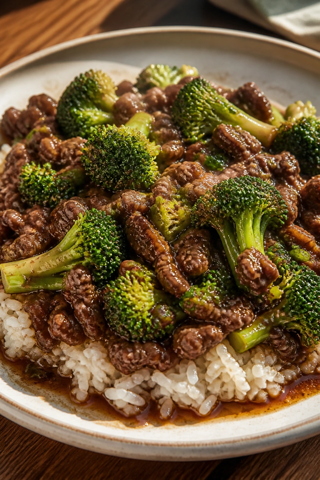 Beef and broccoli plated dish with glossy sauce and rice.
