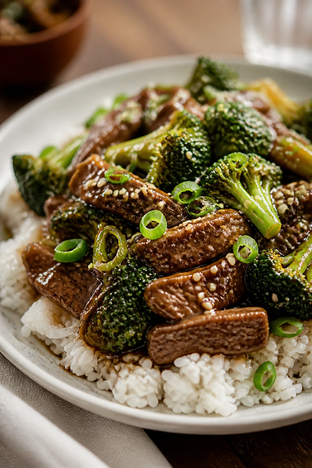 Plated beef and broccoli over rice with glossy sauce and sesame garnish.