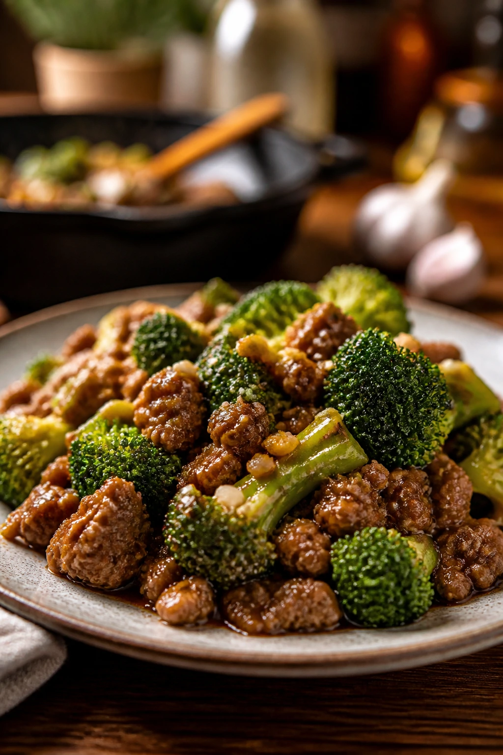 Plated serving of hearty beef and broccoli with garlic and sesame on a rustic plate