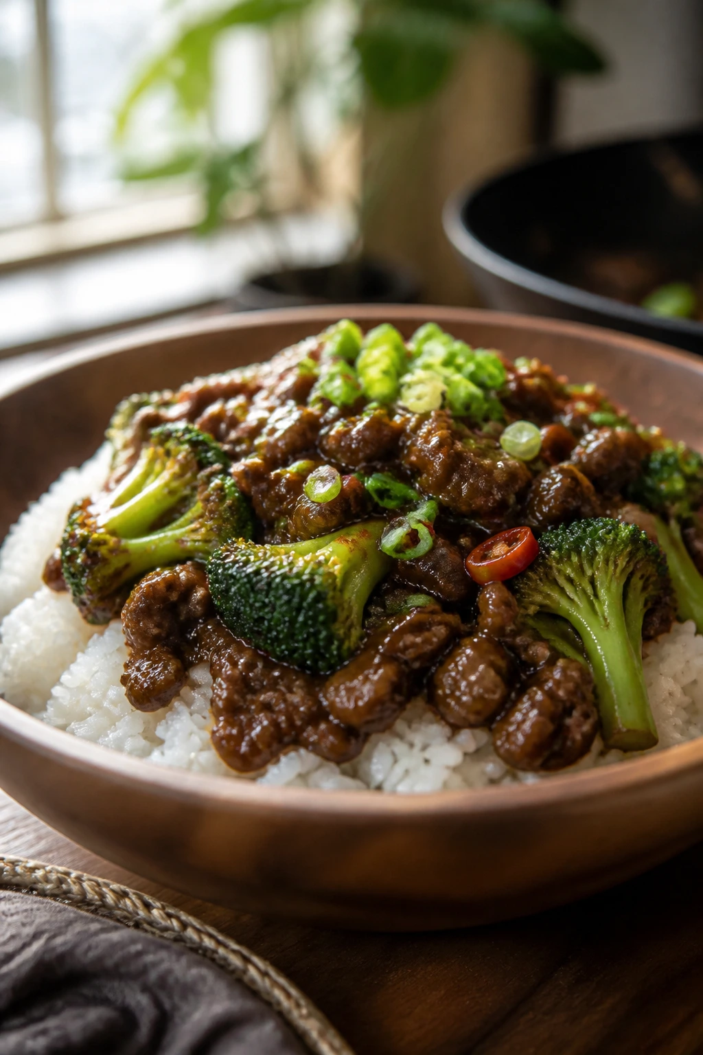 Beef and broccoli plated over rice with glossy sauce in rustic bowl